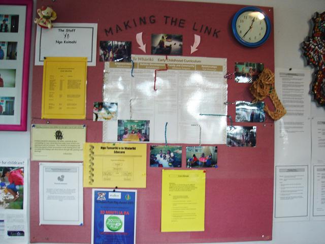 Wall with documents and posters under the heading 'Making the link'